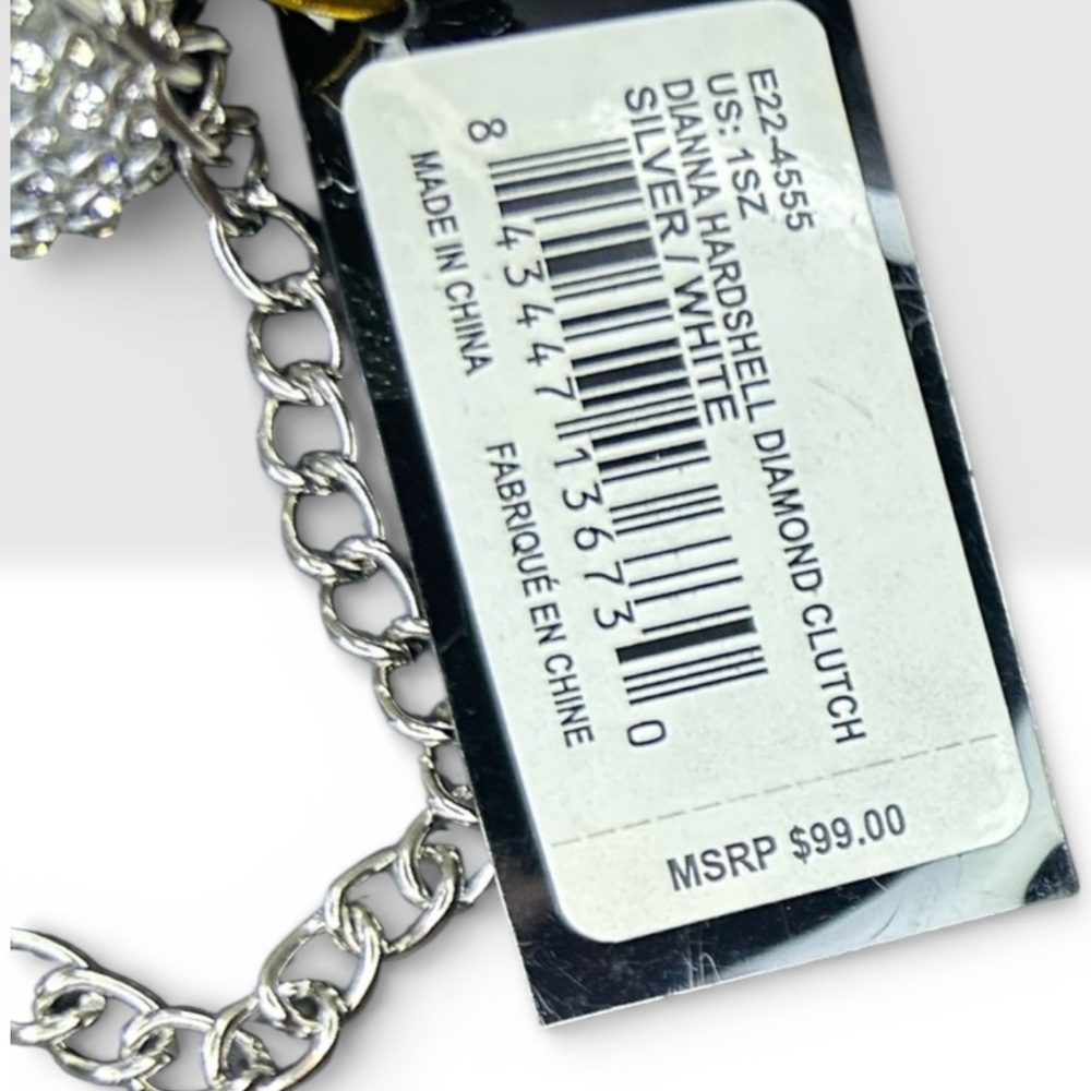 NWT - Bebe Dianna Hard Shell Diamond Clutch Silver/White Evening Bag with Chain - Picture 8 of 10